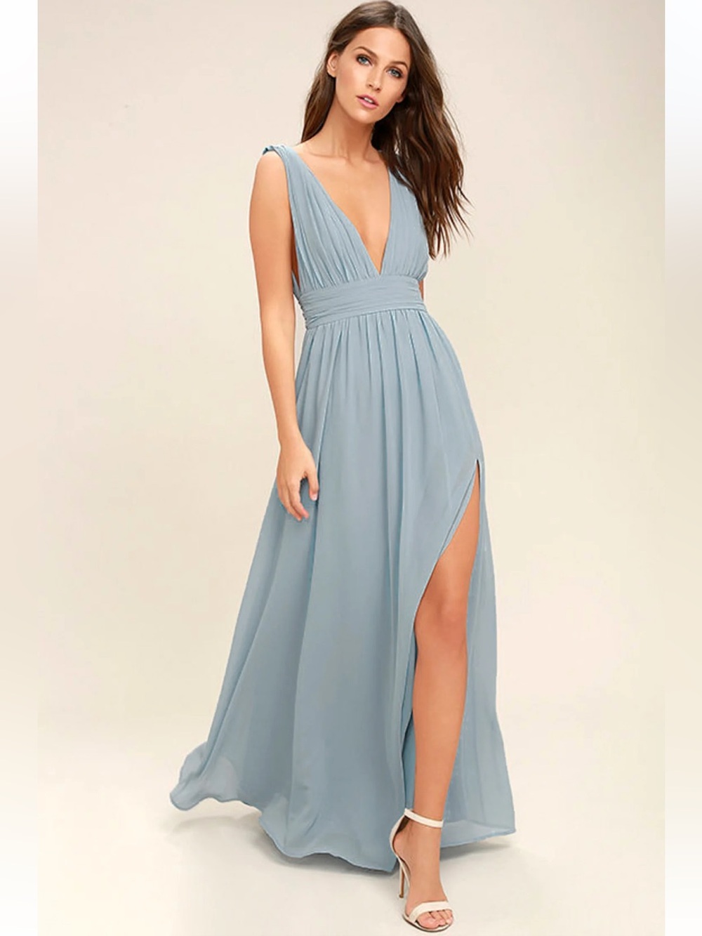 Lulu's Heavenly Hues Light Blue Grecian Style Maxi Dress With Slit Size L NWOT